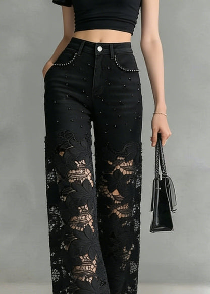 Black Lace Hollow Out Nail Bead Denim Pants Summer