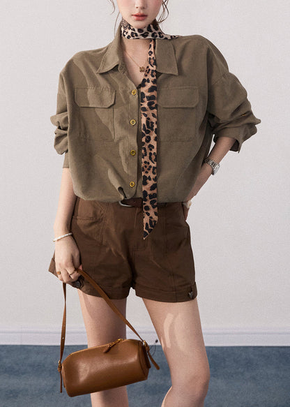 French Army Green Oversized With Pockets Cotton Blouse Tops Fall