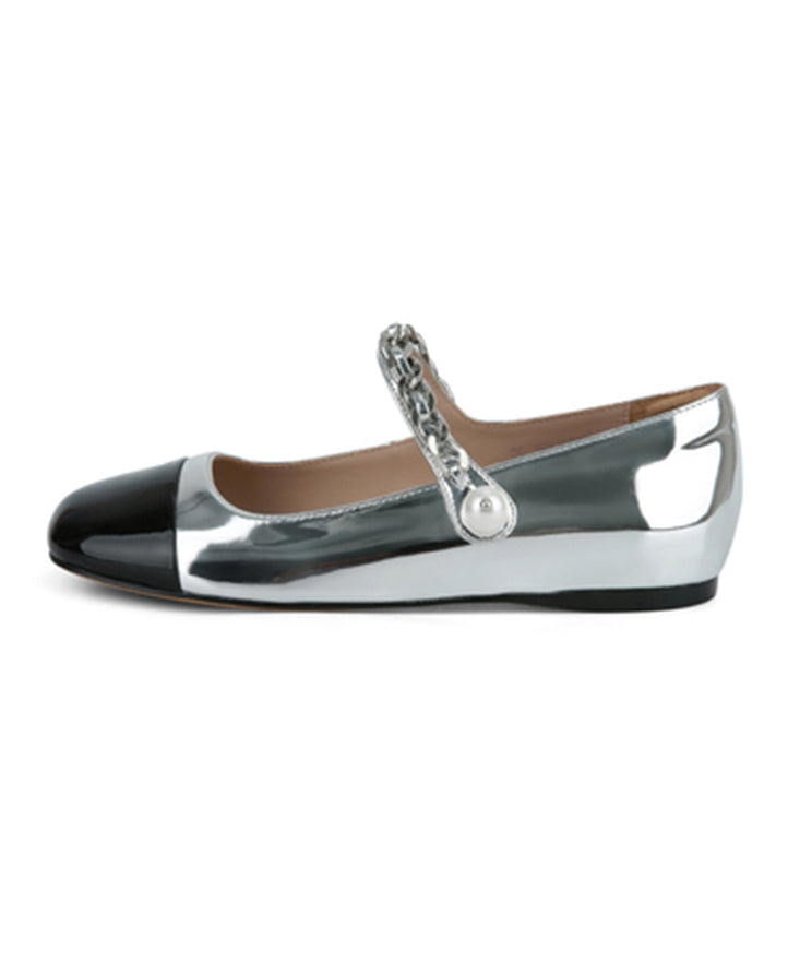 Splicing Flat Feet Shoes Silver Faux Leather Buckle Strap