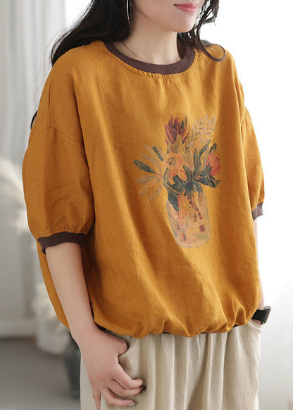 Yellow Oversized Patchwork Print Linen Tank Tops Short Sleeve