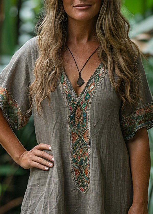 Loose Grey V Neck Print Cotton Mid Dresses Summer