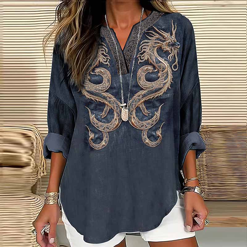 Women's Viking Dragon Embroidery Art Linen Print Casual Shirt artswardrobe