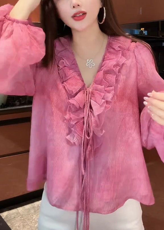 French Pink Tie Lace Top Lantern Sleeve