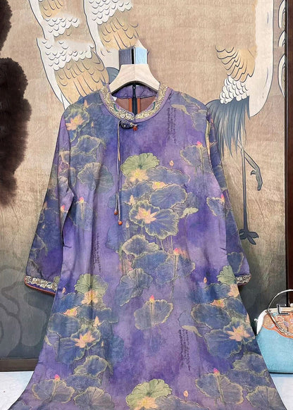 Purple Tasseled Embroideried Patchwork Silk Dresses Fall