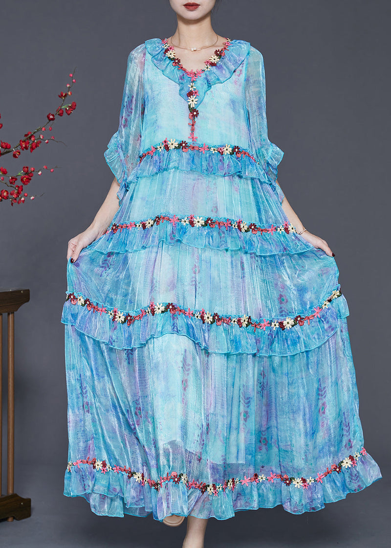 Modern Blue Ruffled Chiffon Robe Dresses Spring