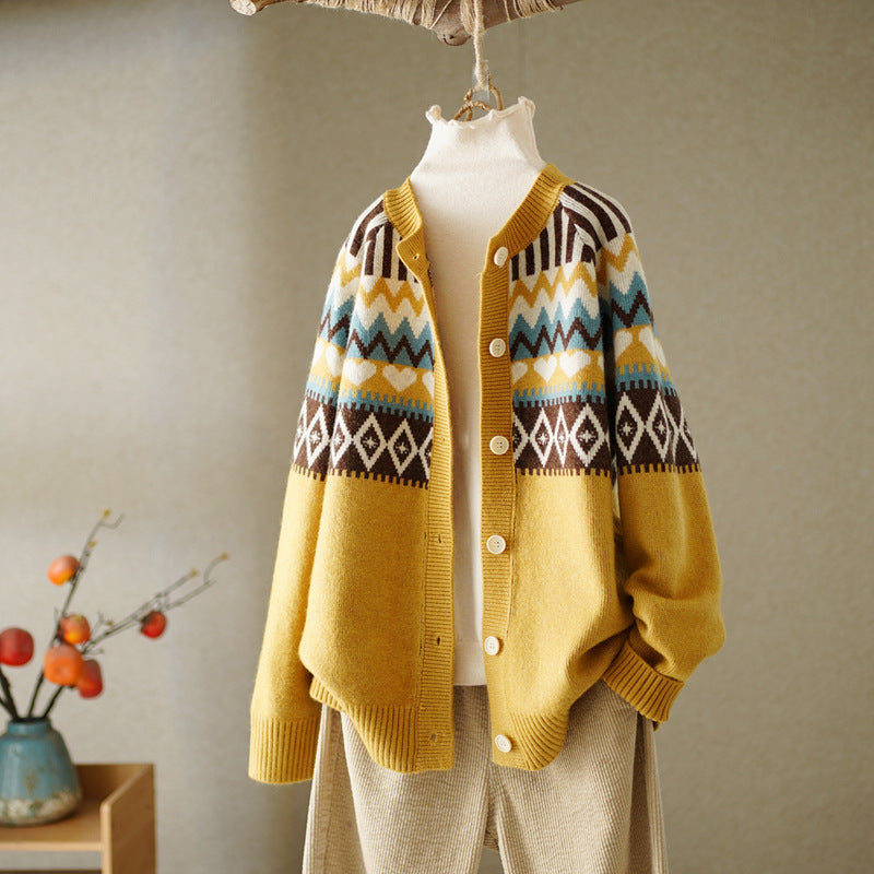 Vintage Geometric Jacquard Round Neck Button Sweater Cardigan elevenforest