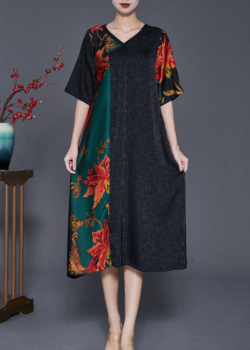 Colorblock V Neck Patchwork Silk Robe Dresses Summer