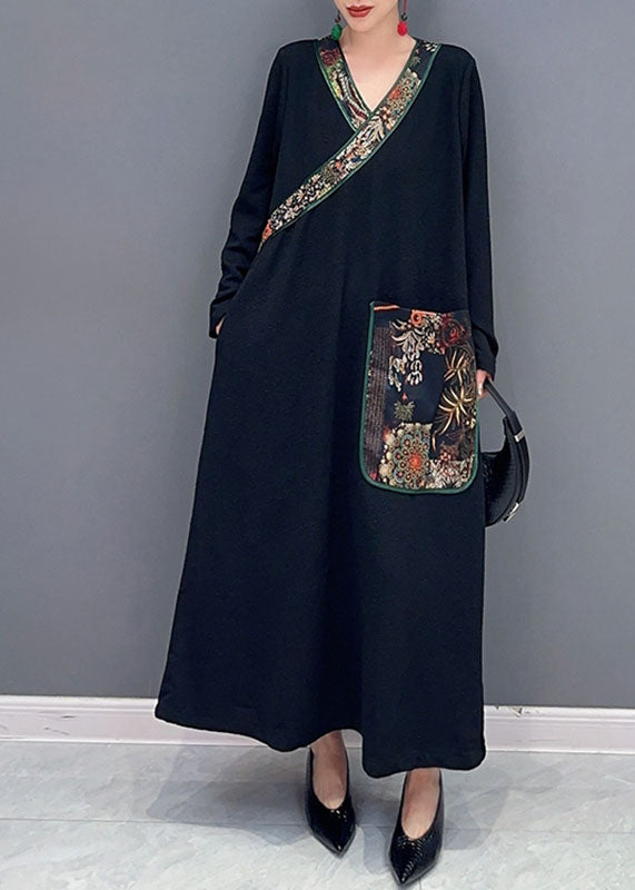 Black V Neck Print Patchwork Long Dress Fall