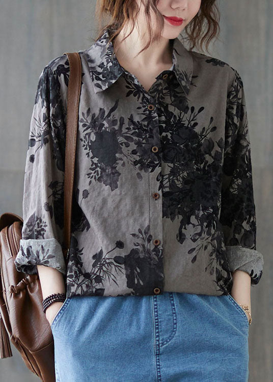 Unique Grey Peter Pan Collar Button Print Fall Blouses Long Sleeve