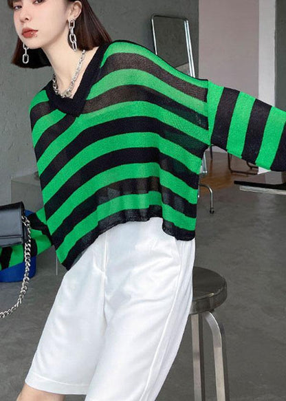Green Striped V Neckknit Fabric Shirt Summer