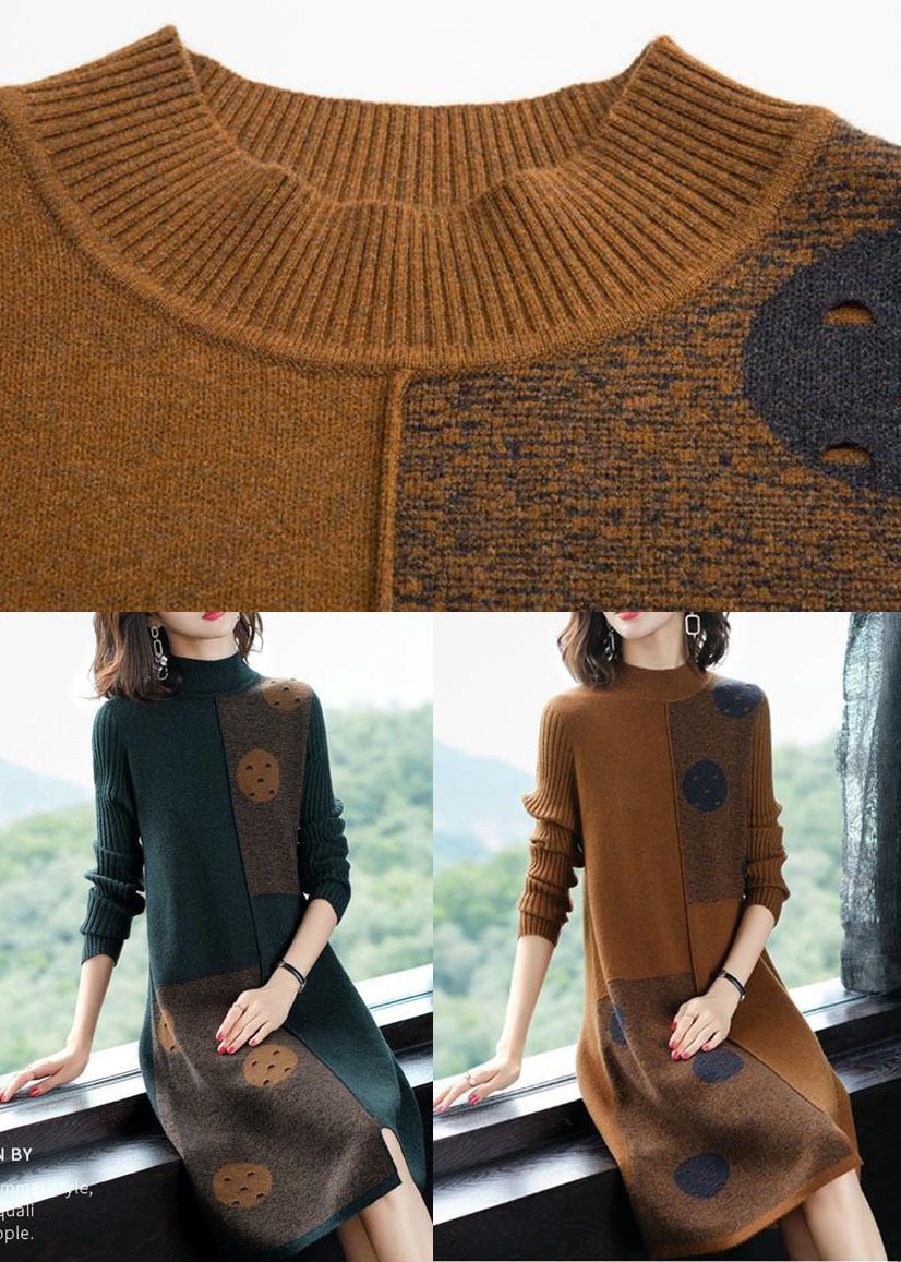 Chocolate High Neck Asymmetrical Design Knit Sweater Dress Long Sleeve