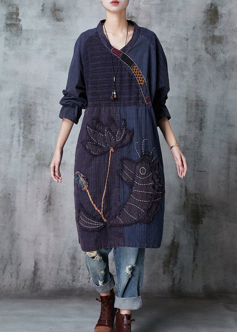Boutique Navy Embroideried Patchwork Cotton Robe Dresses Spring