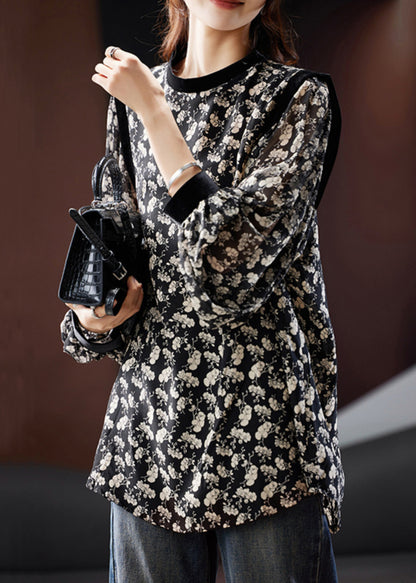 Stylish Black O Neck Print Chiffon Blouse Fall