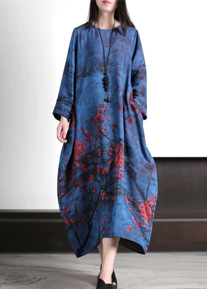 Navy Oversized Plum Blossom Print Silk Maxi Dress Spring