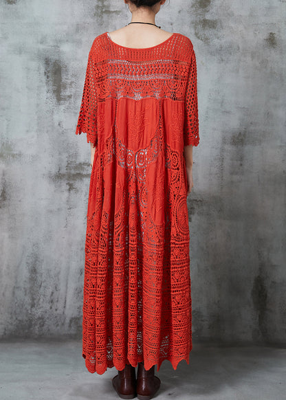 Red Oversized Hollow Out Cotton Holiday Dress Summer
