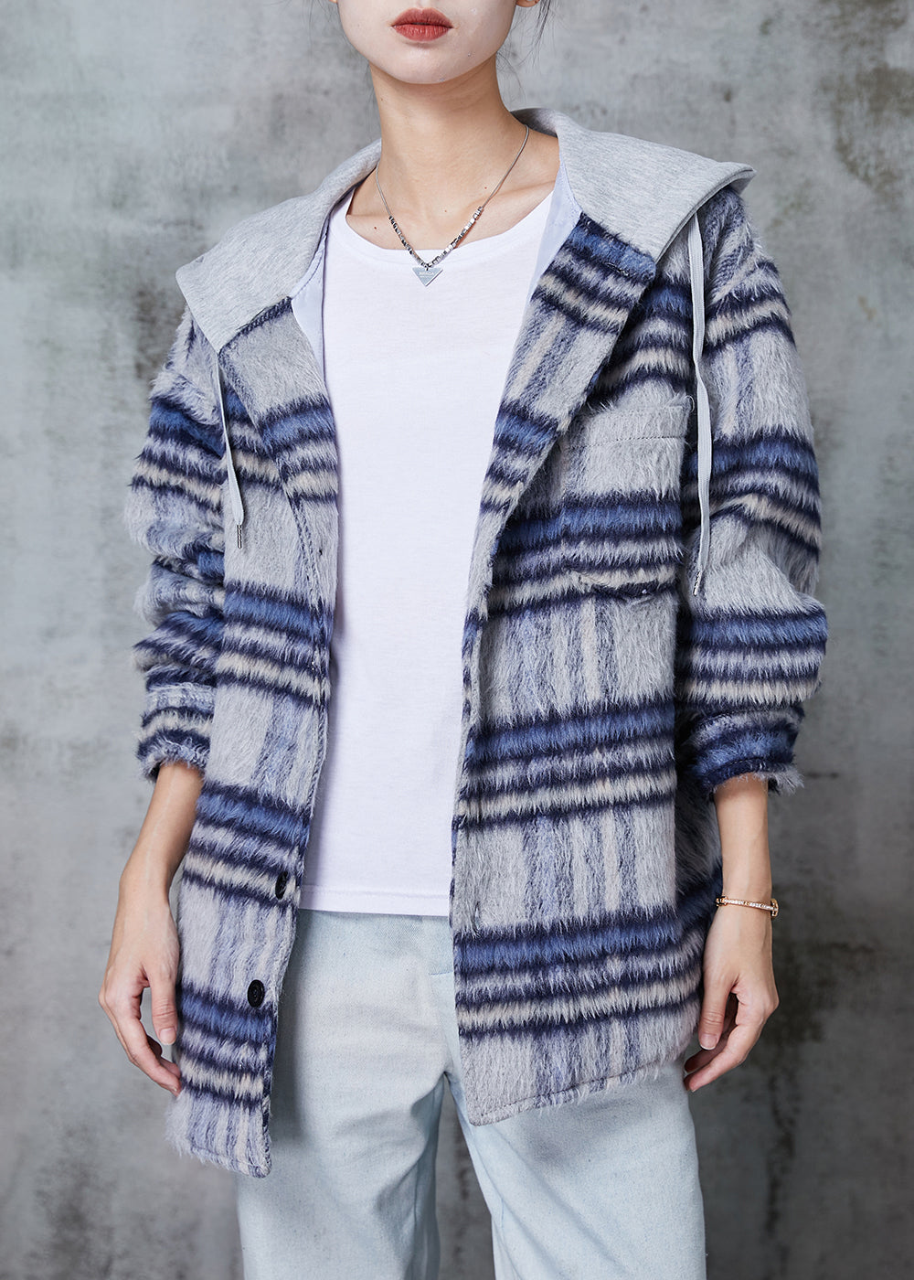 Blue Hooded Plaid Fine Cotton Filled Coat Winter