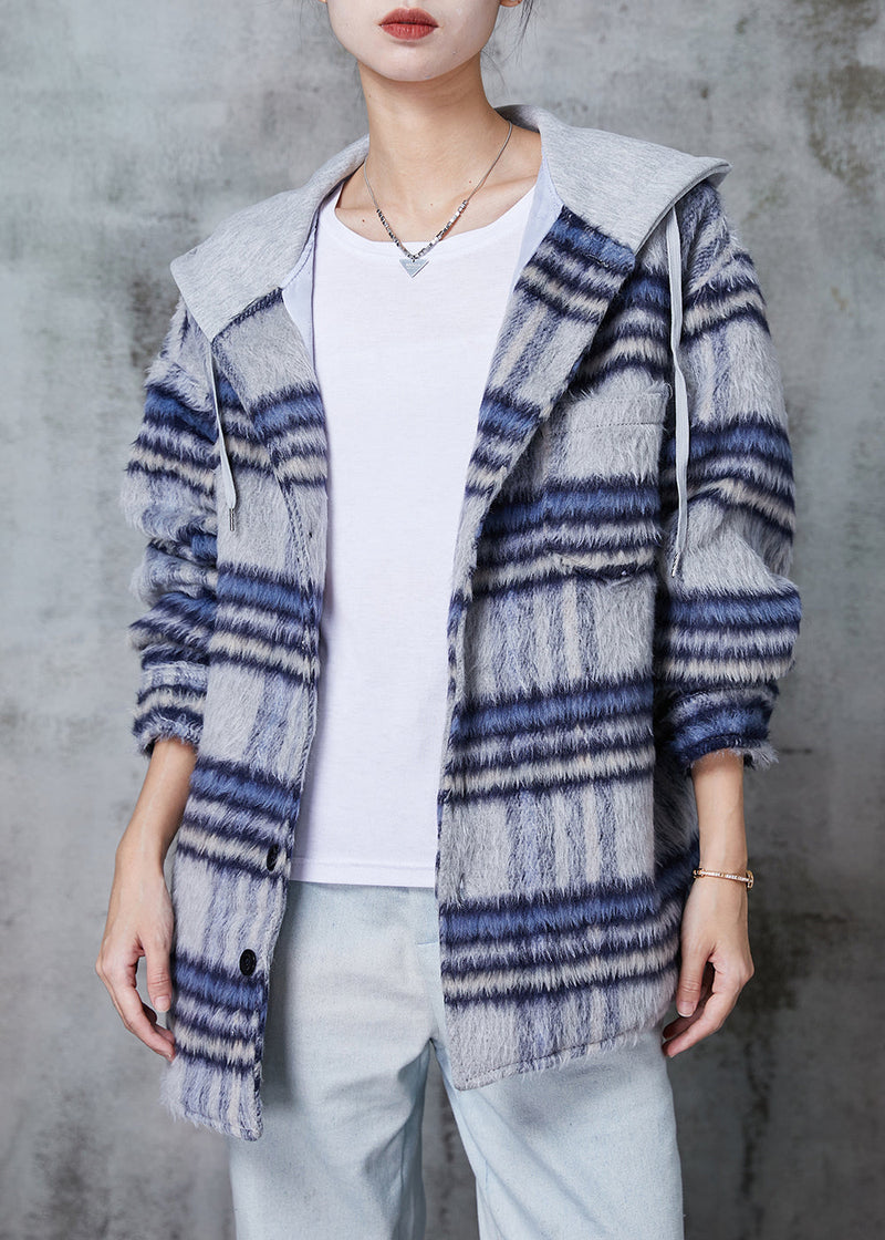 Blue Hooded Plaid Fine Cotton Filled Coat Winter