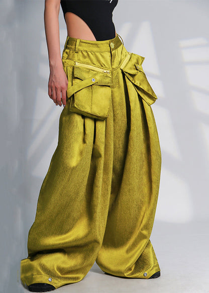 New Green Pockets High Waist Cotton Wide Leg Pants Summer