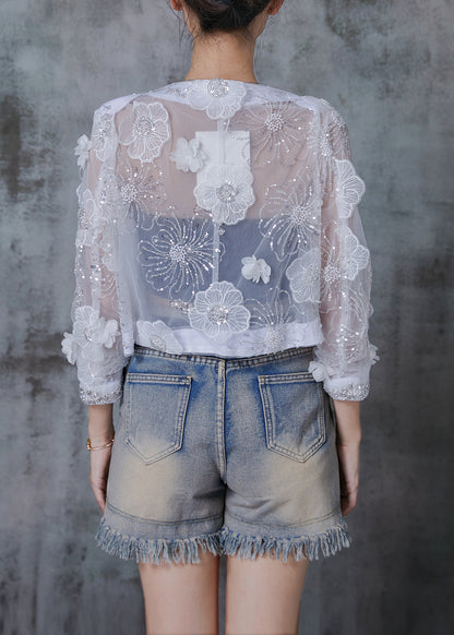 Handmade White Sequins Organza Upf 50+ Cardigan Summer