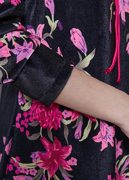 Chinese Style Black Print Silk Velour Mini Dresses Spring