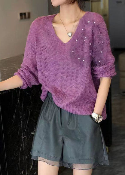 Purple V Neck Ruffled Tulle Patchwork Nail Bead Knitted Tops Long Sleeve