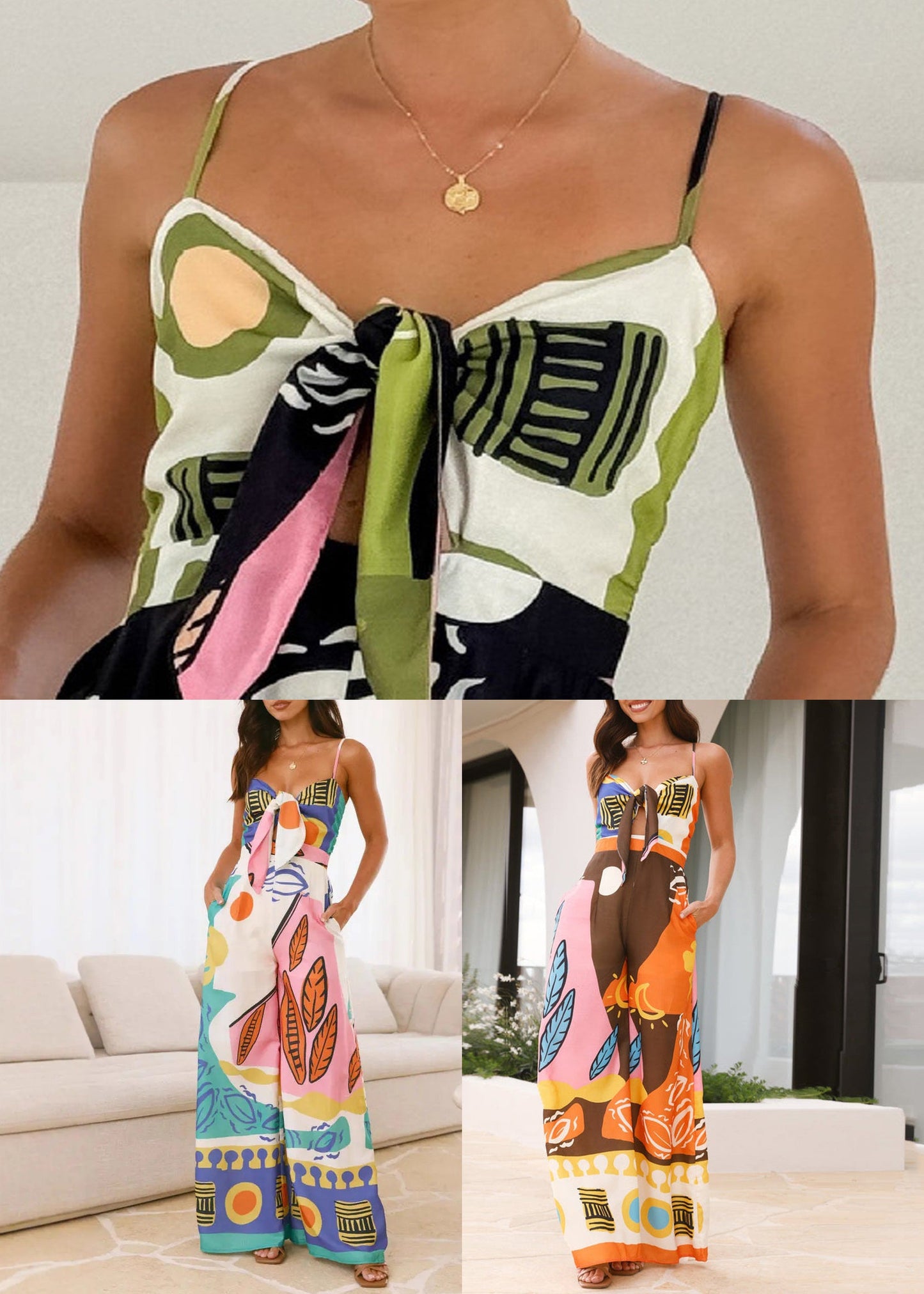 Green Print Zippered Pockets Cotton Wide Leg Jumpsuit Sleeveless