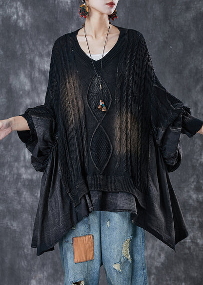 Black Asymmetrical Oversized Patchwork Knit Tops Spring