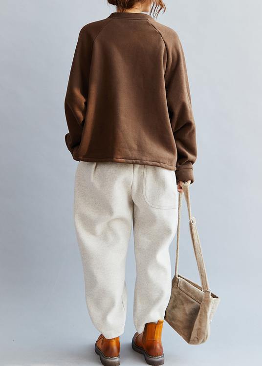Natural O Neck Cotton Loose Clothes Work Brown Blouse