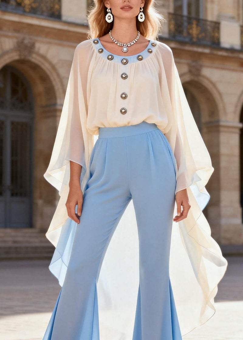 Asymmetrical Top and Flare Bottoms Chiffon Two Pieces Set Spring