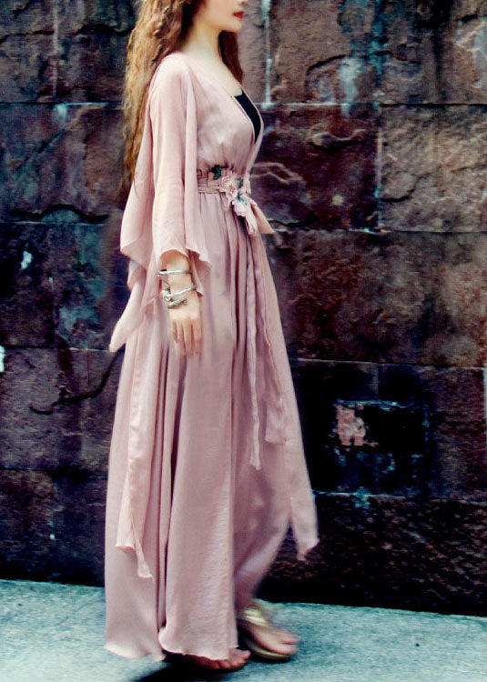 Light Pink V Neck Asymmetrical Exra Large Hem Silk Beach Cinch Dress Spring