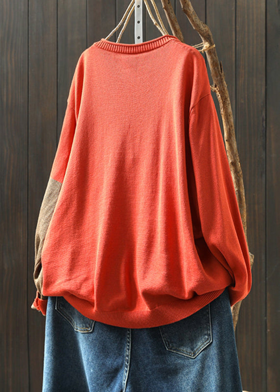 Rust O-neck Print Knitted Cotton Thread Sweaters Fall