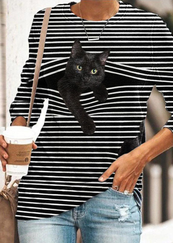 Black Whiet Striped Cat Print O-neck Long Sleeve T-shirts