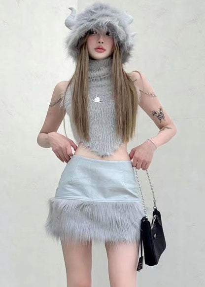 Grey Turtleneck Patchwork Tops and Skirts Knit Two Pieces Set Sleeveless