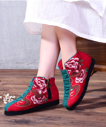 Embroideried Zippered Splicing Boots Red Linen Fabric Ankle Boots