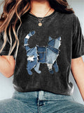 Women's Casual Funny Denim Cat Print T-shirt elevenforest