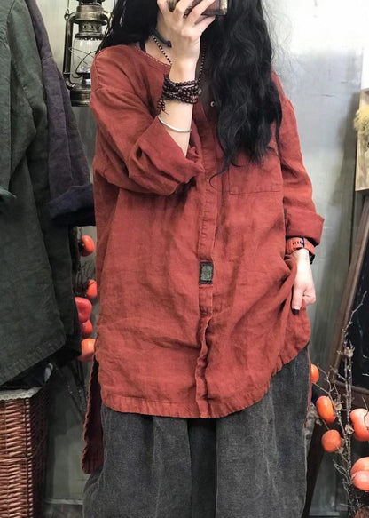 Black O-neck Pocket Patchwork Low High Design Linen Shirts Long Sleeve