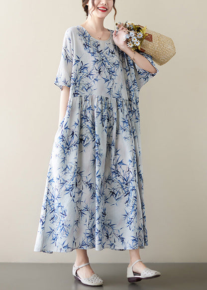 Blue Print Wrinkled Patchwork Robe Dresses Summer
