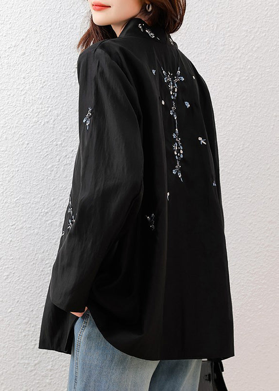 Black Mandarin Collar Embroidered Cotton Tops Fall