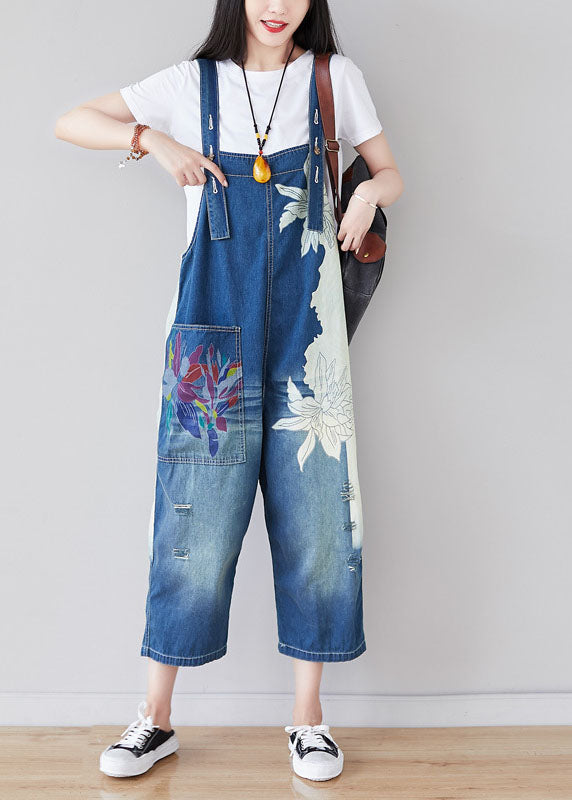 Blue Pockets Print Patchwork Jumpsuit Summer