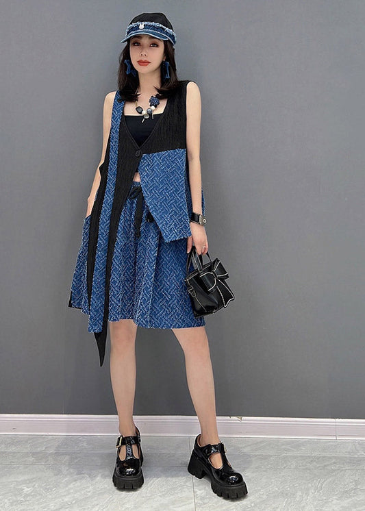 Blue Patchwork Waistcoat and Shorts Two Pieces Set Sleeveless