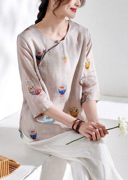 Beige Patchwork Print Button Summer Ramie Top