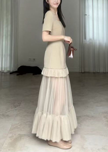 Khaki Square Collar Ruffled Patchwork Cotton Long Dresses Summer