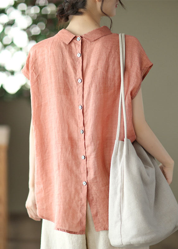 Orange Peter Pan Collar Patchwork Linen Blouses Summer