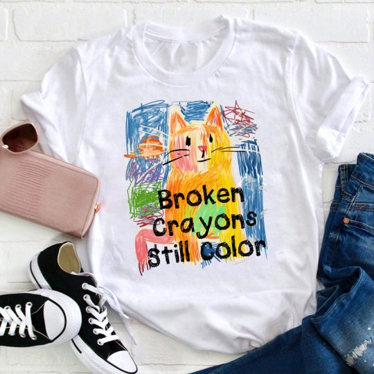 Women's Broken Crayons Still Color Cat Teacher T-shirt elevenforest