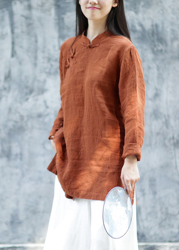 Brown Button Linen Blouses Spring