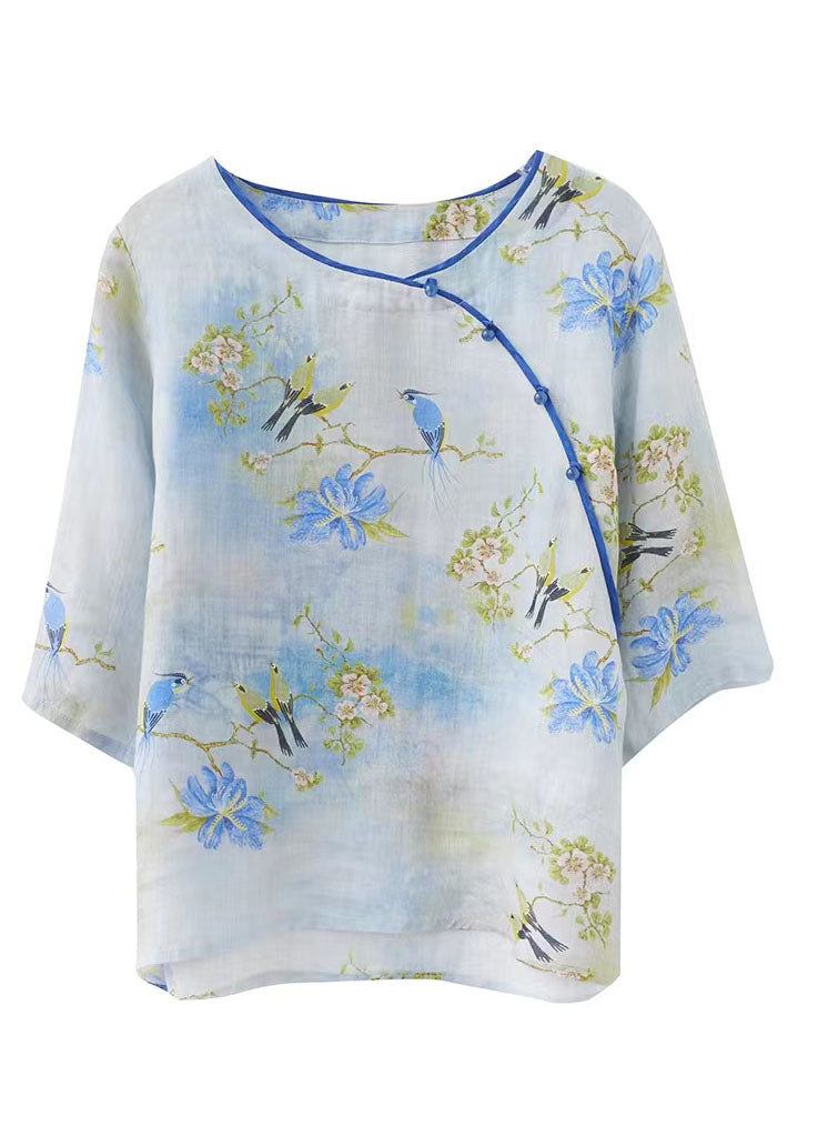 Light Green O-neck Print Linen Blouses Half Sleeve