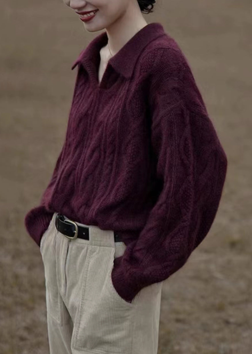 Purple V Neck Patchwork Cozy Cotton Knit Top Long Sleeve