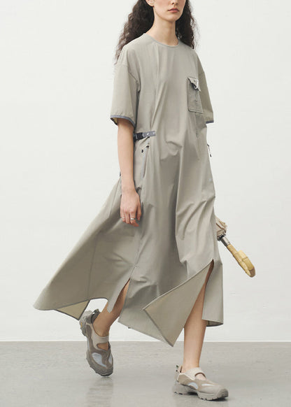 Simple Grey Khaki O Neck Pockets Patchwork Dress Summer