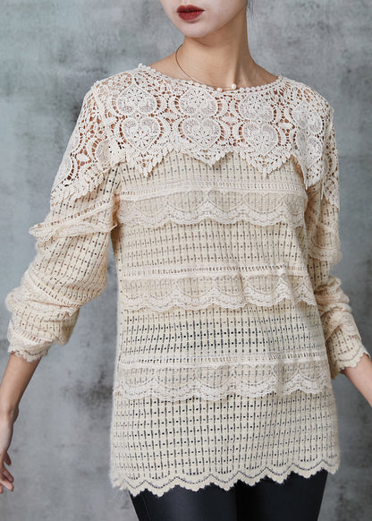Apricot Hollow Out Patchwork Knit Blouse Tops Spring