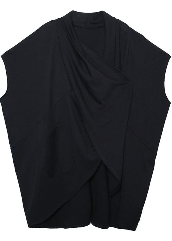 Loose Black Bat Wing Sleeve Pockets Asymmetrical Design Fall Tops